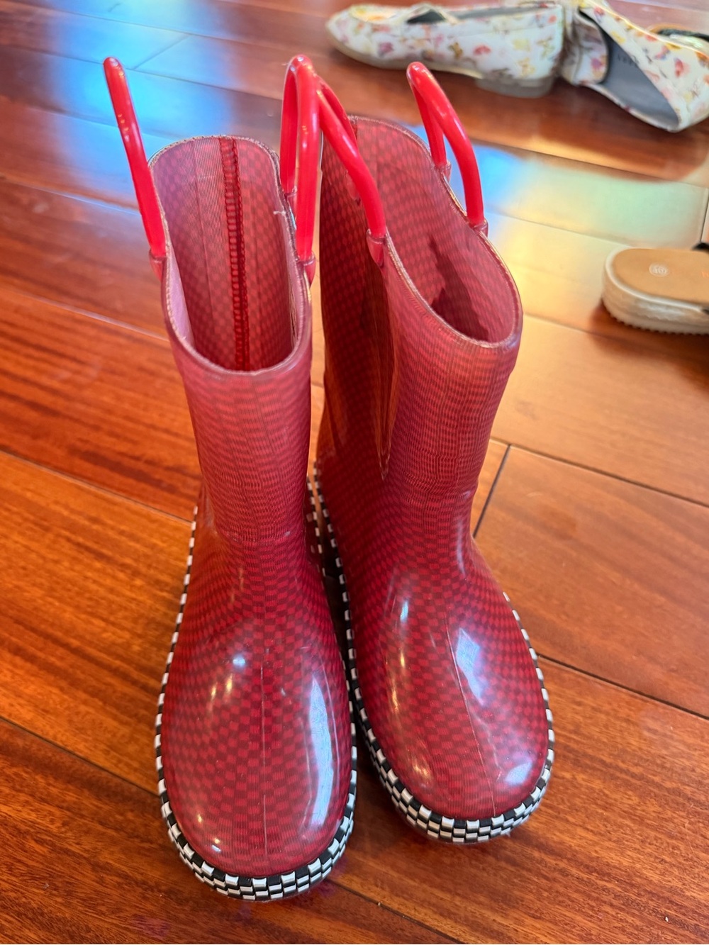Kids Cars Red Checker Rain Boots with Red Handles